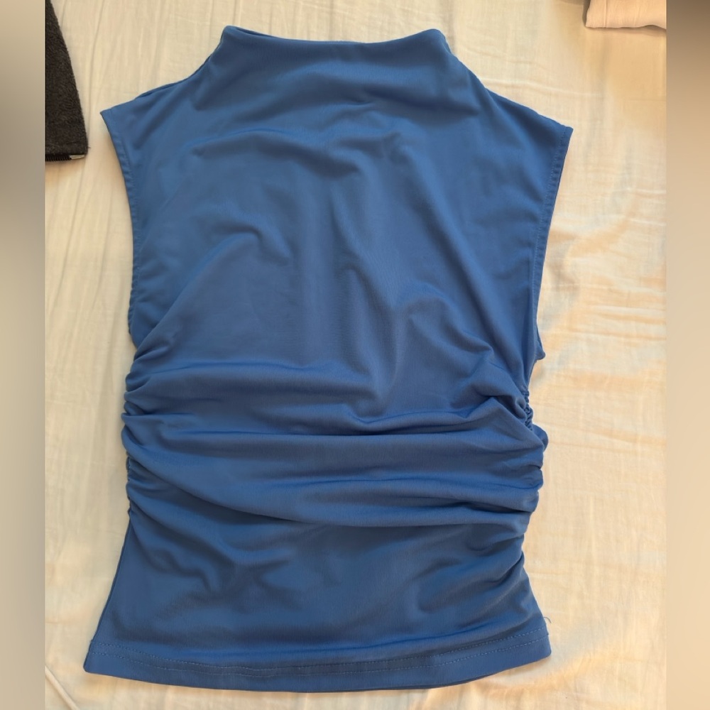 H&M Blue Ruched Sleeveless Tank Top with Mandarin Collar